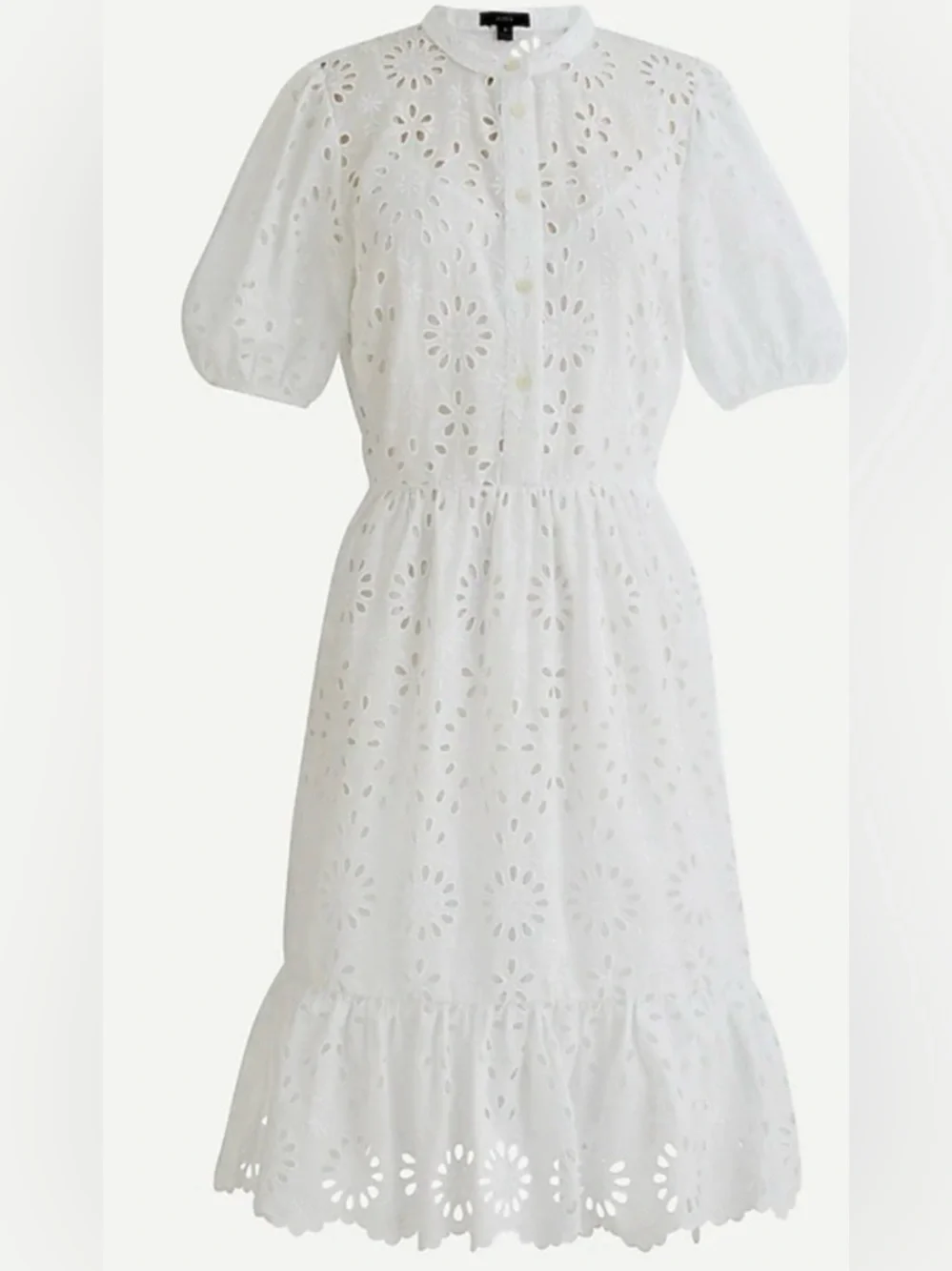 NWOT J crew puff sleeve eyelet dress white with pockets. Size 10.